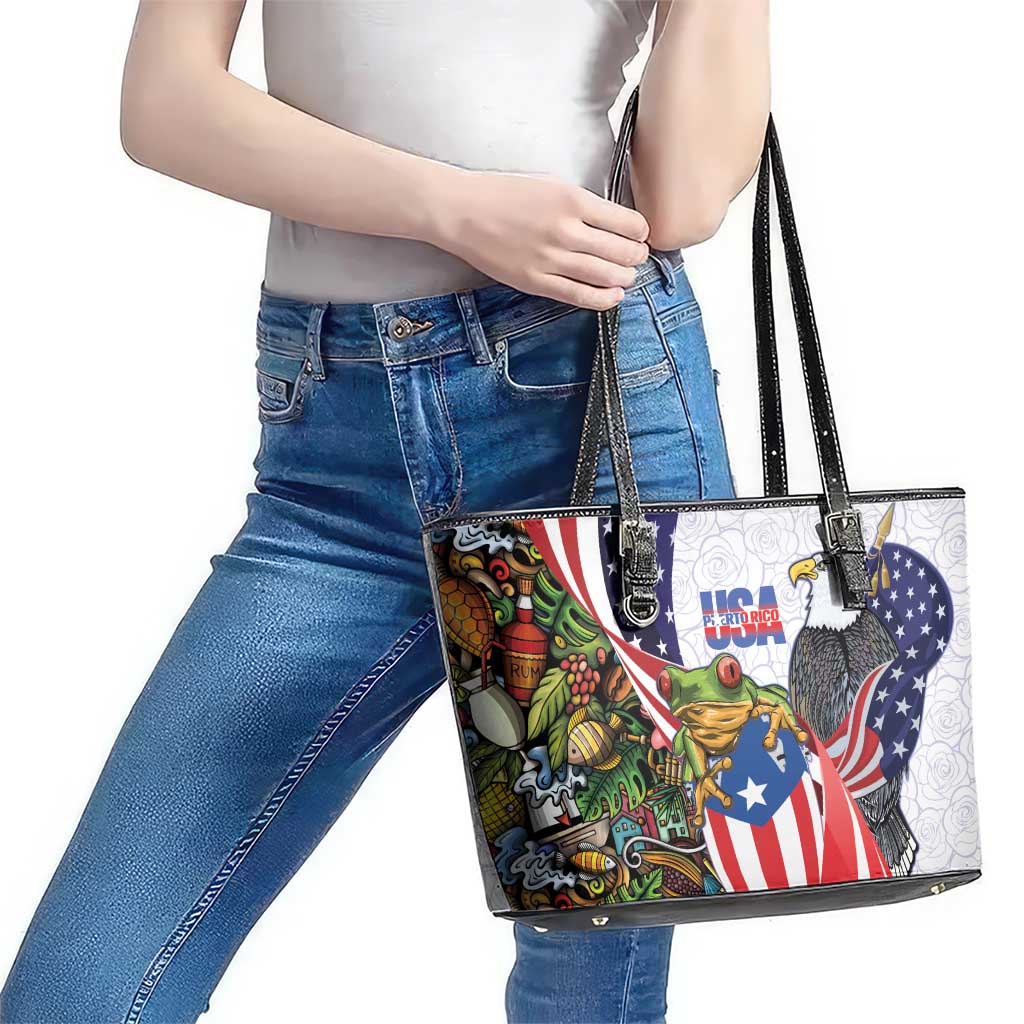United States Puerto Rico Leather Tote Bag USA Curve Flag With Coqui Drum - Wonder Print Shop
