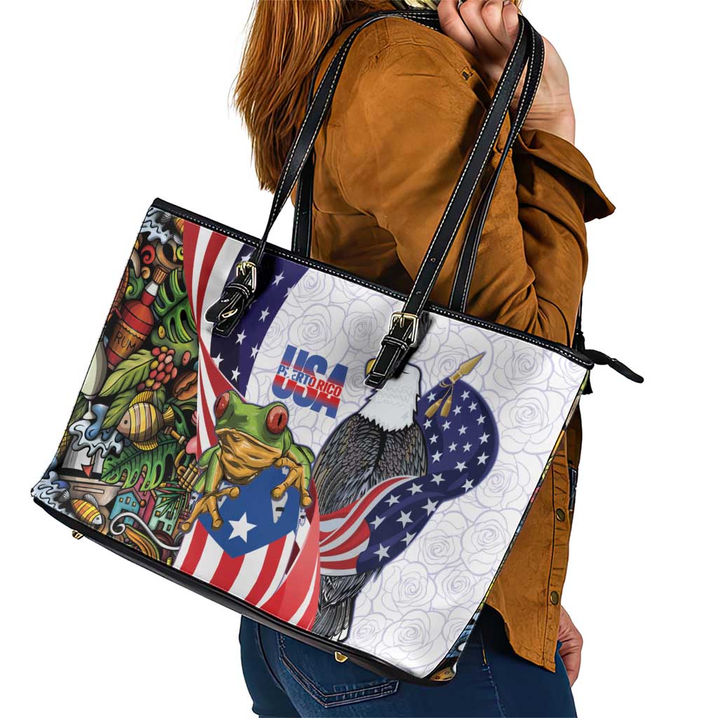 United States Puerto Rico Leather Tote Bag USA Curve Flag With Coqui Drum - Wonder Print Shop