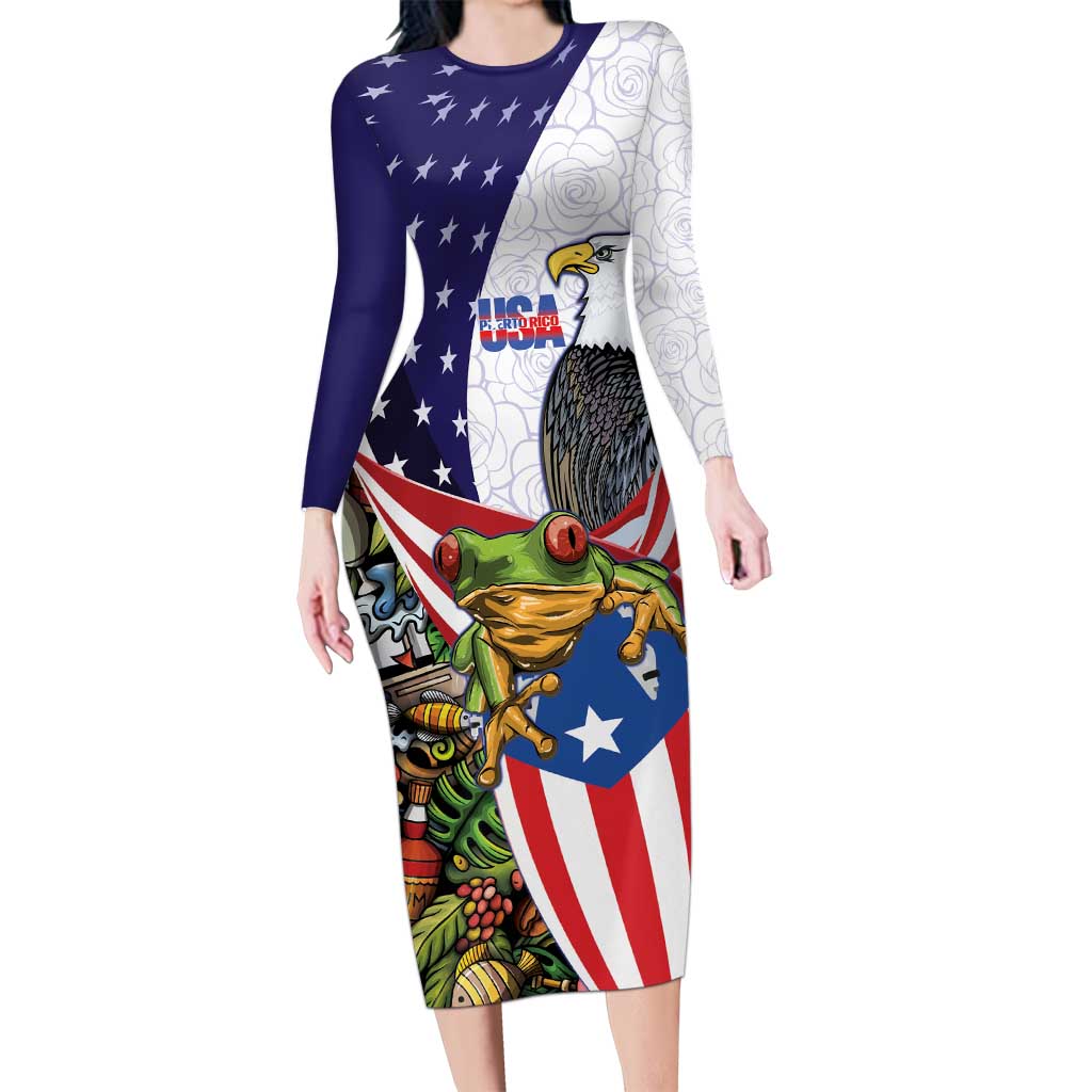 United States Puerto Rico Long Sleeve Bodycon Dress USA Curve Flag With Coqui Drum - Wonder Print Shop
