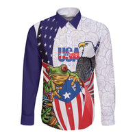 United States Puerto Rico Long Sleeve Button Shirt USA Curve Flag With Coqui Drum - Wonder Print Shop