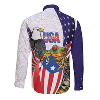 United States Puerto Rico Long Sleeve Button Shirt USA Curve Flag With Coqui Drum - Wonder Print Shop
