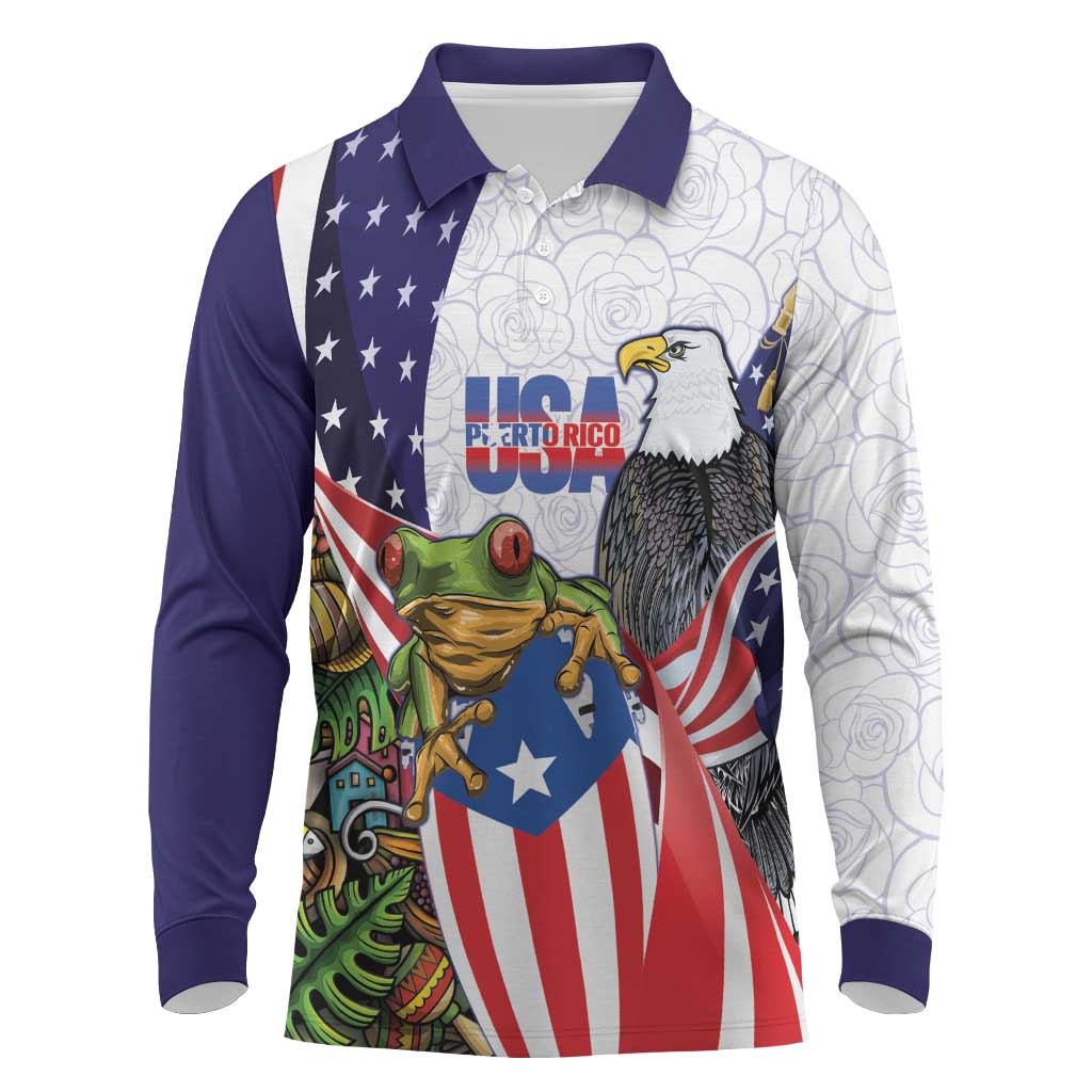 United States Puerto Rico Long Sleeve Polo Shirt USA Curve Flag With Coqui Drum - Wonder Print Shop