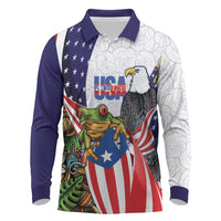 United States Puerto Rico Long Sleeve Polo Shirt USA Curve Flag With Coqui Drum - Wonder Print Shop