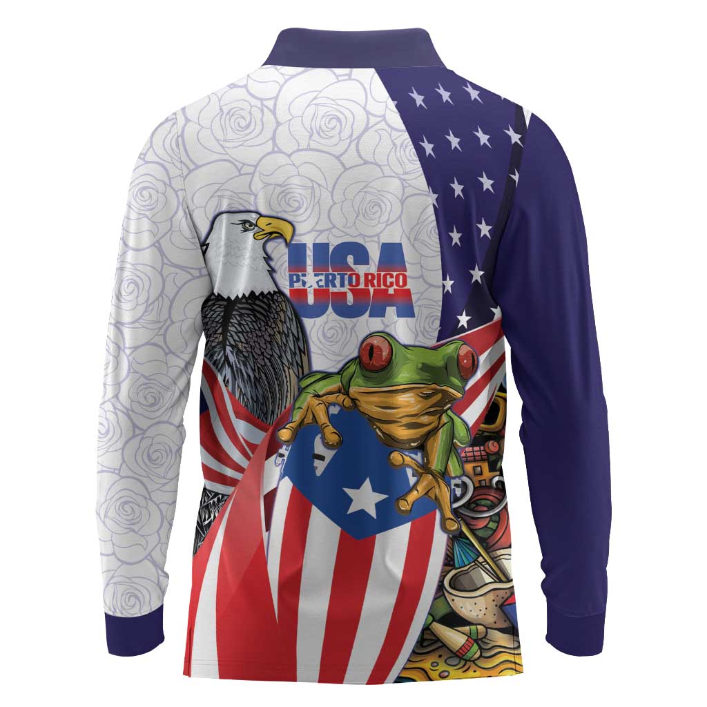 United States Puerto Rico Long Sleeve Polo Shirt USA Curve Flag With Coqui Drum - Wonder Print Shop