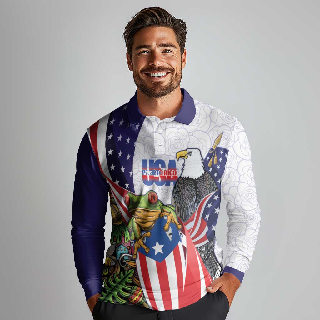 United States Puerto Rico Long Sleeve Polo Shirt USA Curve Flag With Coqui Drum - Wonder Print Shop