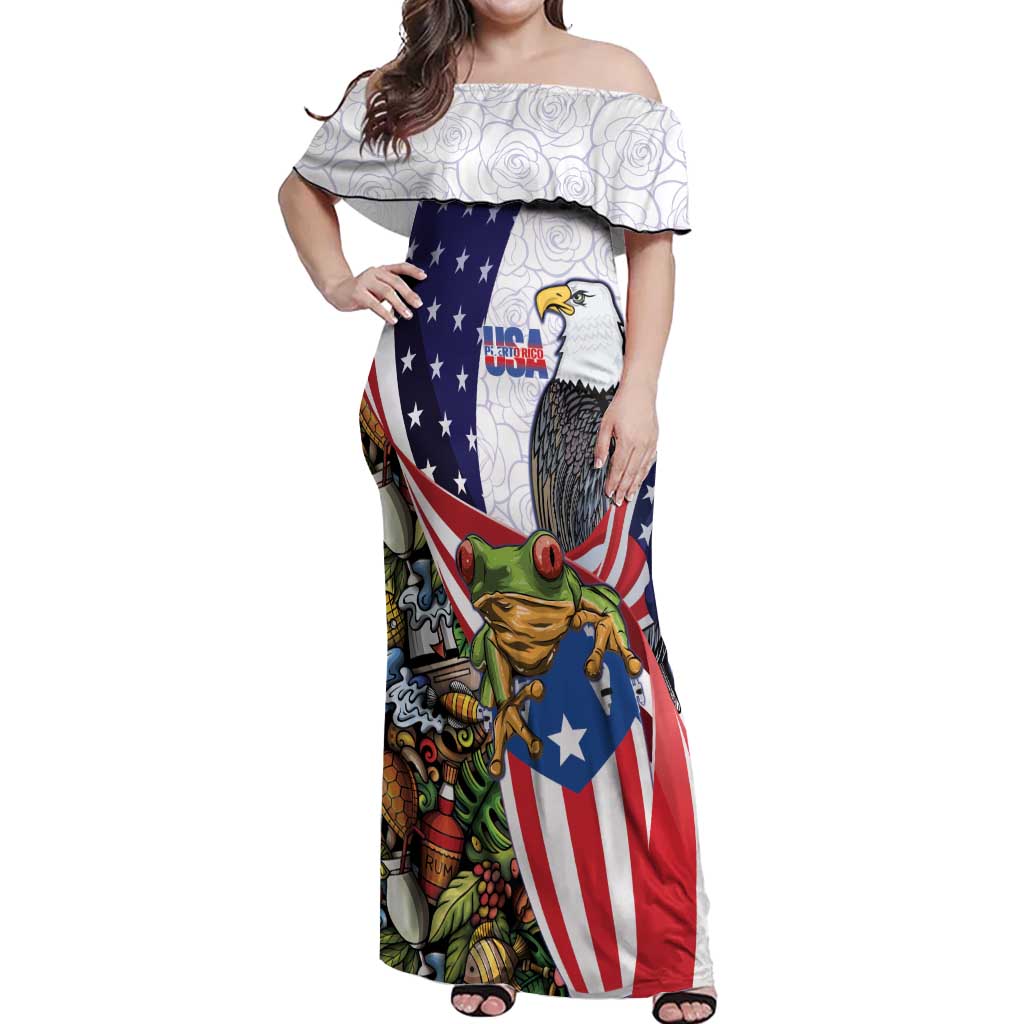 United States Puerto Rico Off Shoulder Maxi Dress USA Curve Flag With Coqui Drum - Wonder Print Shop