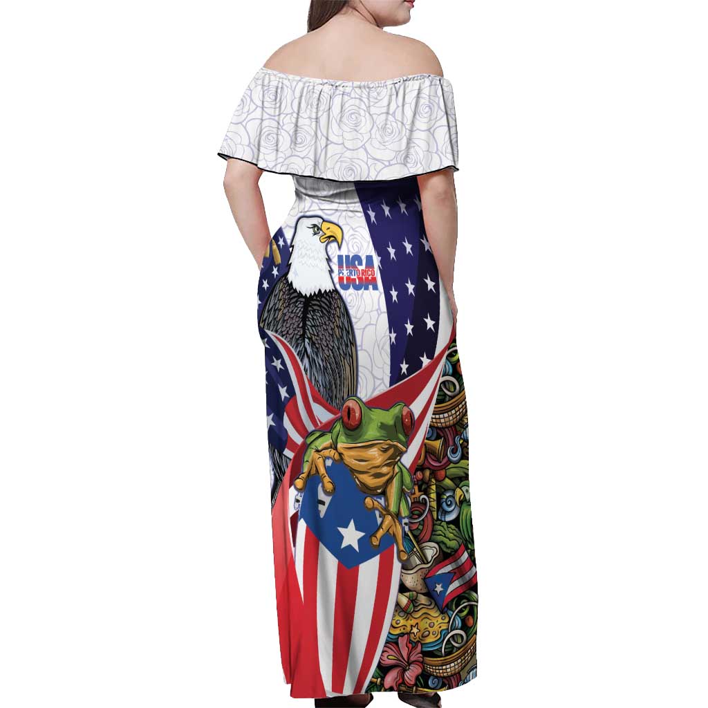 United States Puerto Rico Off Shoulder Maxi Dress USA Curve Flag With Coqui Drum - Wonder Print Shop