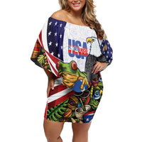 United States Puerto Rico Off Shoulder Short Dress USA Curve Flag With Coqui Drum - Wonder Print Shop