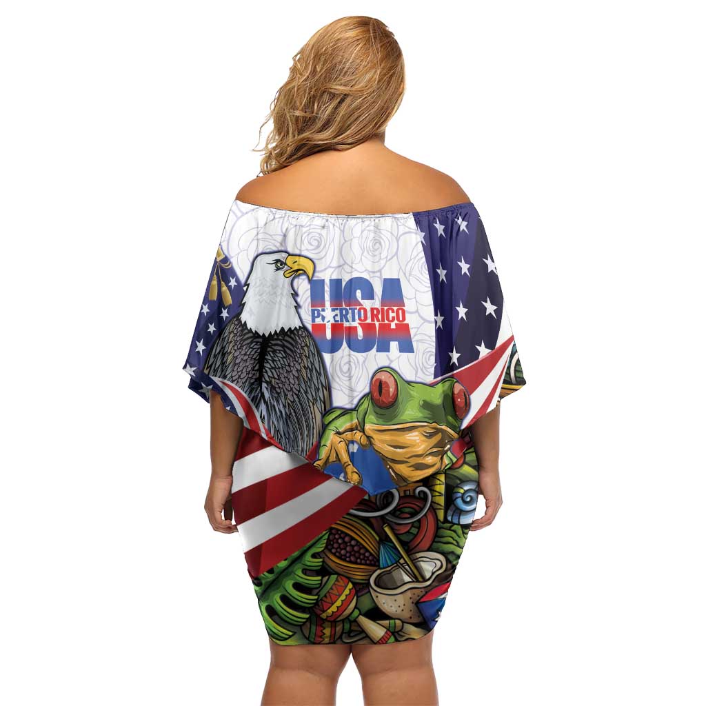 United States Puerto Rico Off Shoulder Short Dress USA Curve Flag With Coqui Drum - Wonder Print Shop