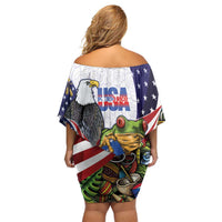 United States Puerto Rico Off Shoulder Short Dress USA Curve Flag With Coqui Drum - Wonder Print Shop