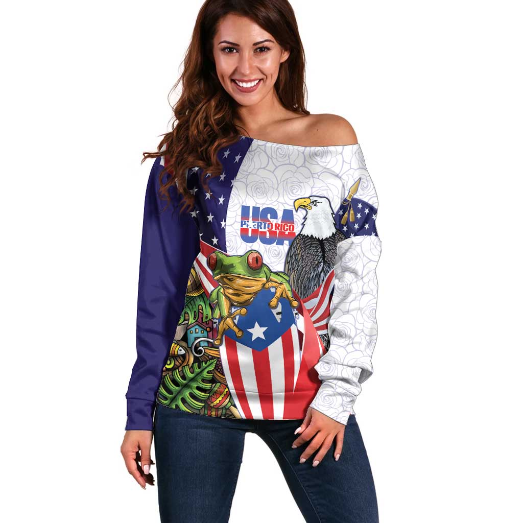 United States Puerto Rico Off Shoulder Sweater USA Curve Flag With Coqui Drum - Wonder Print Shop