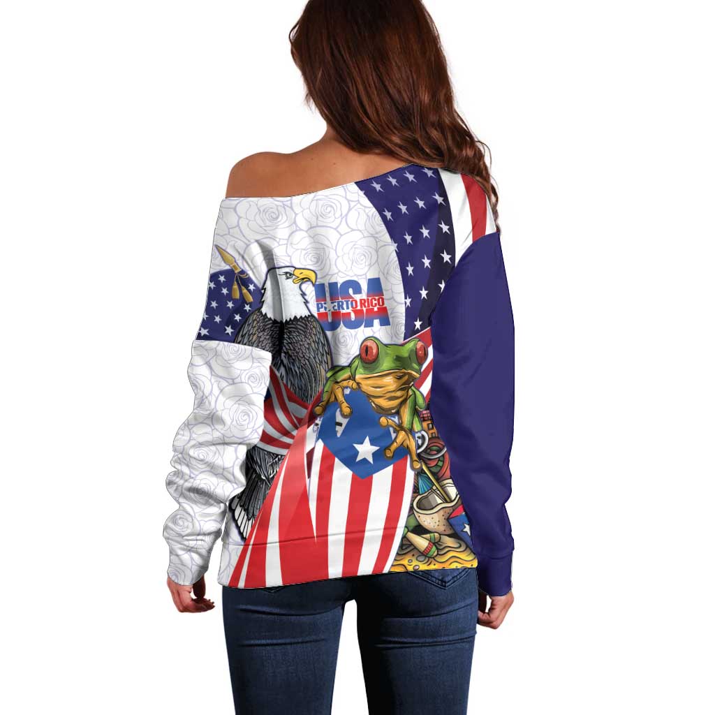 United States Puerto Rico Off Shoulder Sweater USA Curve Flag With Coqui Drum - Wonder Print Shop