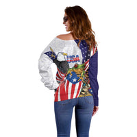 United States Puerto Rico Off Shoulder Sweater USA Curve Flag With Coqui Drum - Wonder Print Shop