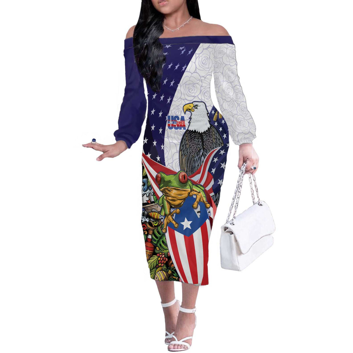 United States Puerto Rico Off The Shoulder Long Sleeve Dress USA Curve Flag With Coqui Drum - Wonder Print Shop