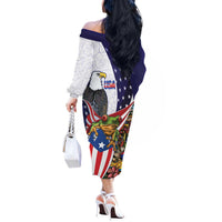 United States Puerto Rico Off The Shoulder Long Sleeve Dress USA Curve Flag With Coqui Drum - Wonder Print Shop