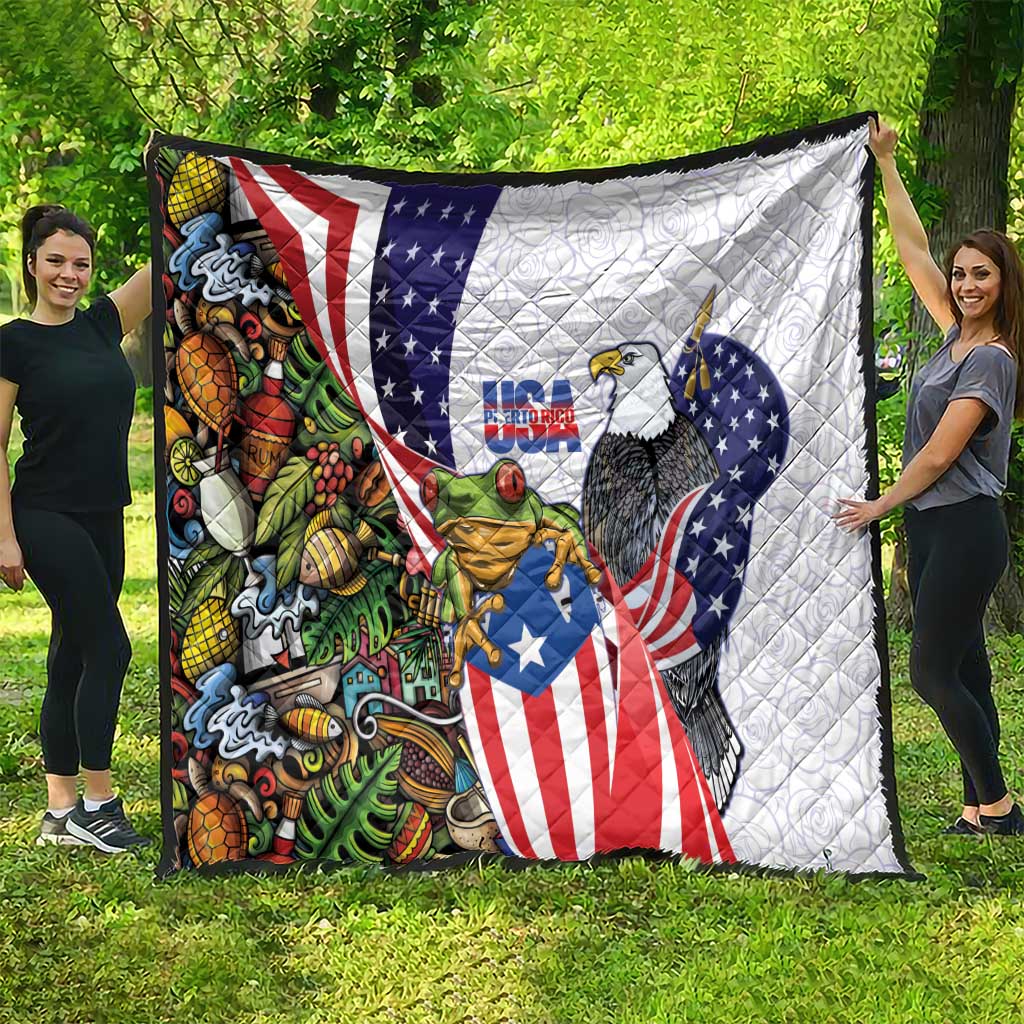 United States Puerto Rico Quilt USA Curve Flag With Coqui Drum - Wonder Print Shop