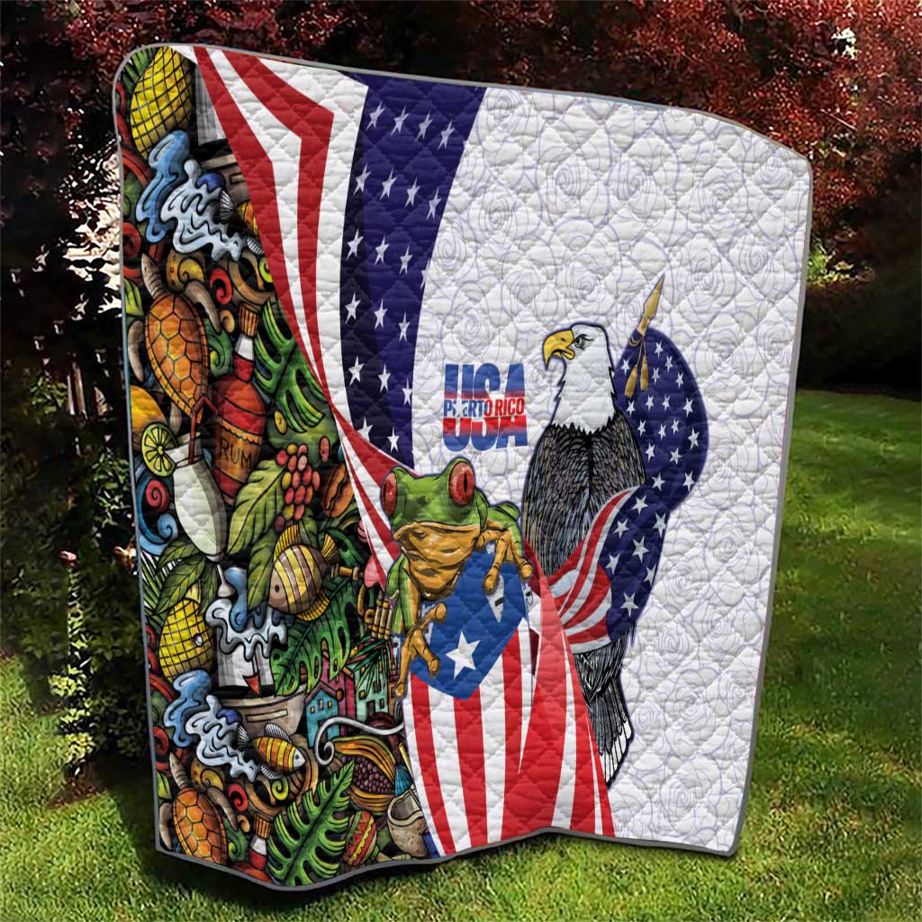 United States Puerto Rico Quilt USA Curve Flag With Coqui Drum - Wonder Print Shop
