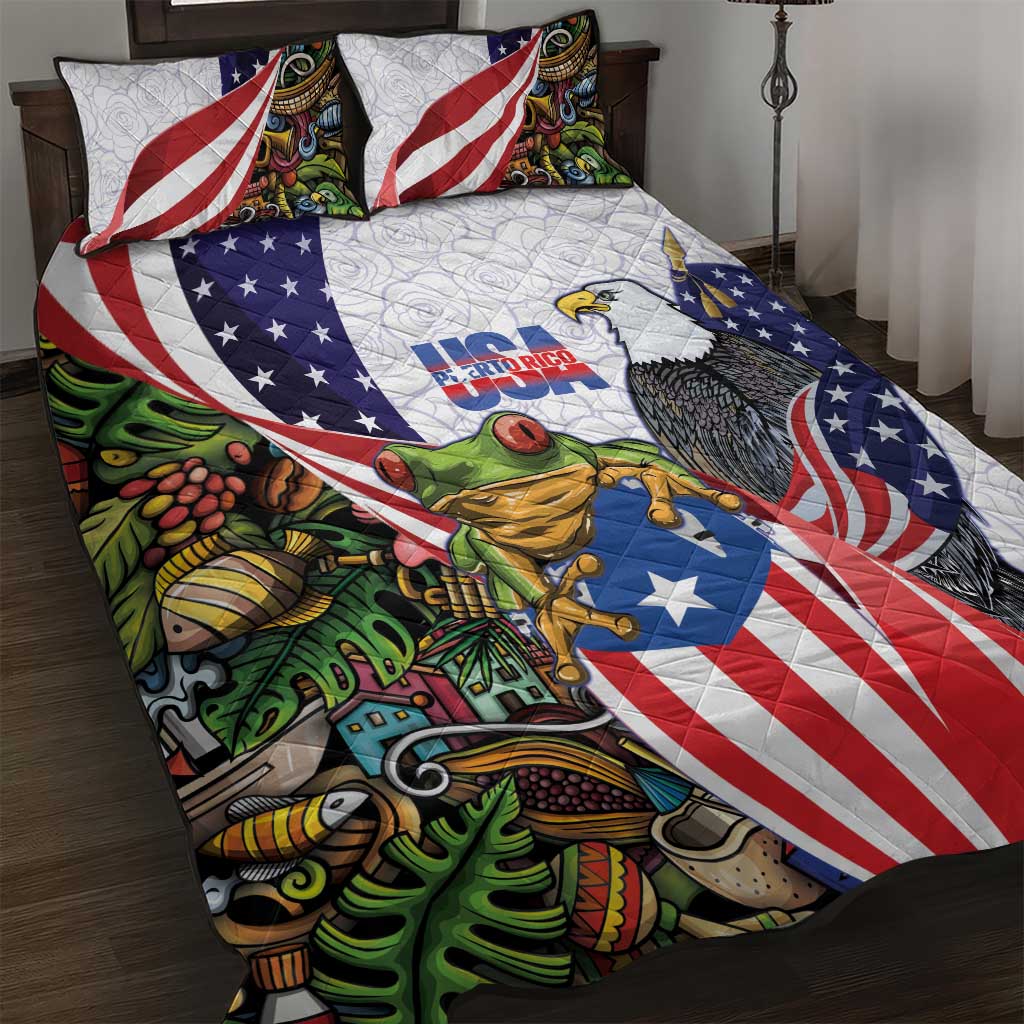 United States Puerto Rico Quilt Bed Set USA Curve Flag With Coqui Drum - Wonder Print Shop