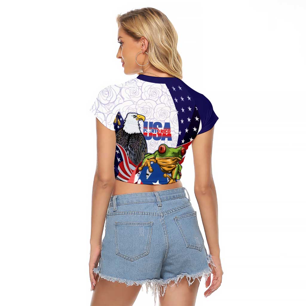 United States Puerto Rico Raglan Cropped T Shirt USA Curve Flag With Coqui Drum - Wonder Print Shop