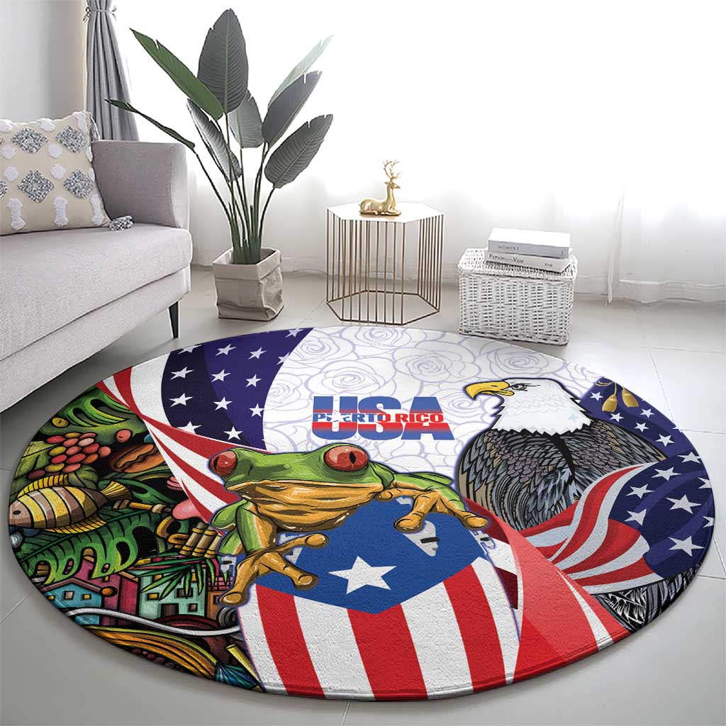 United States Puerto Rico Round Carpet USA Curve Flag With Coqui Drum - Wonder Print Shop