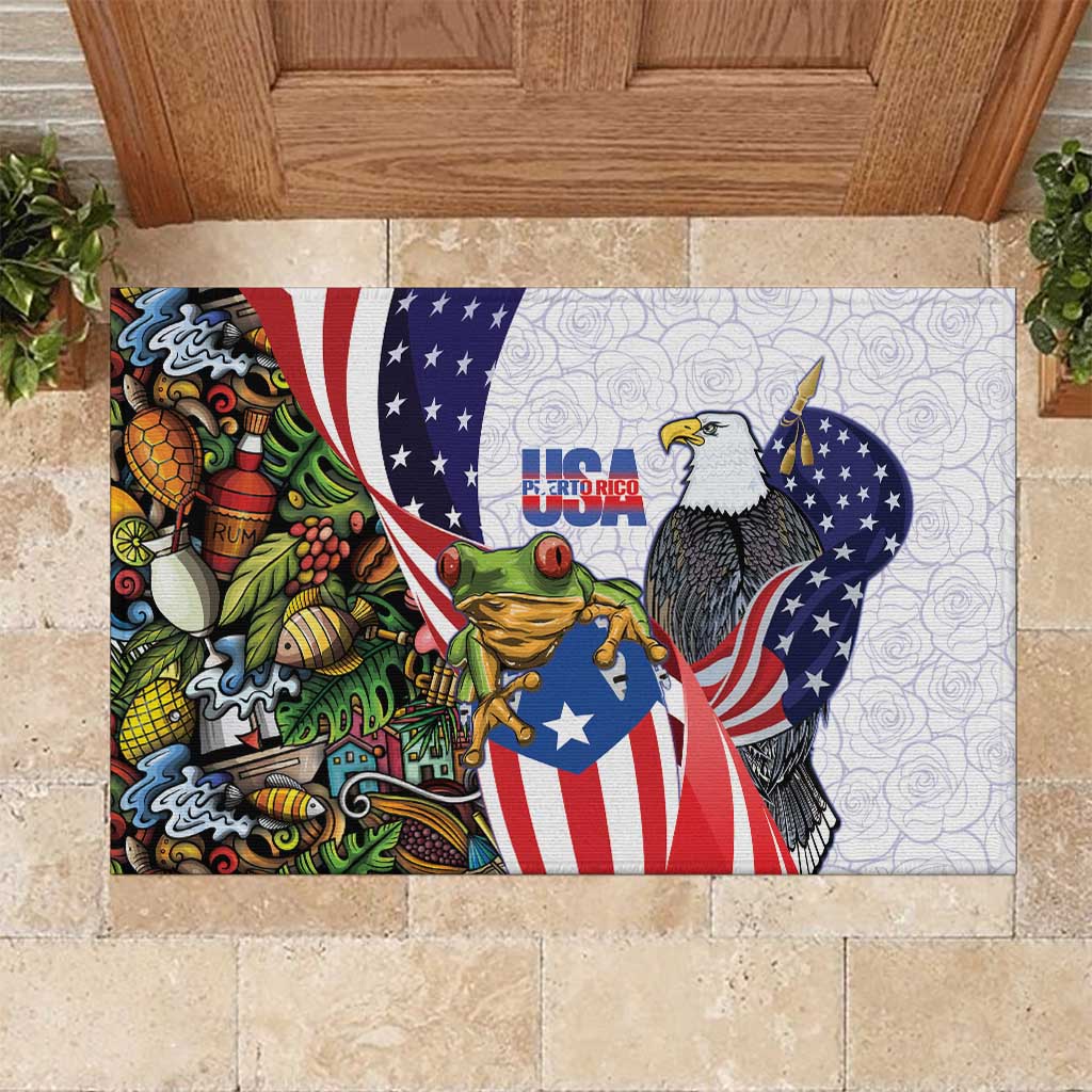 United States Puerto Rico Rubber Doormat USA Curve Flag With Coqui Drum - Wonder Print Shop
