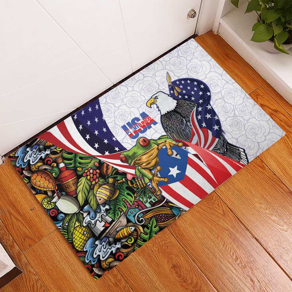 United States Puerto Rico Rubber Doormat USA Curve Flag With Coqui Drum - Wonder Print Shop