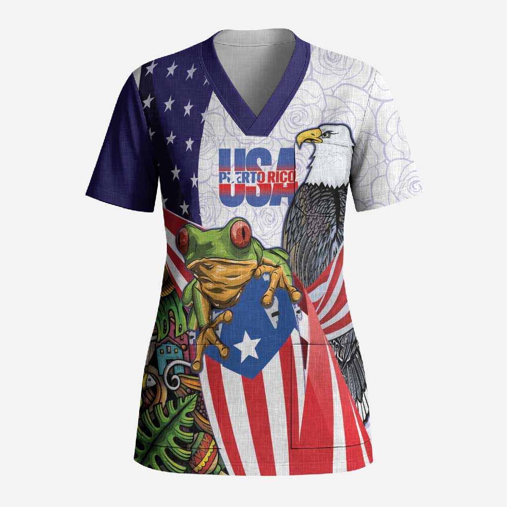 United States Puerto Rico Scrub Top USA Curve Flag With Coqui Drum - Wonder Print Shop