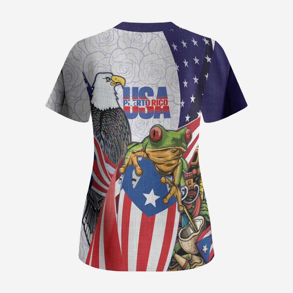 United States Puerto Rico Scrub Top USA Curve Flag With Coqui Drum - Wonder Print Shop