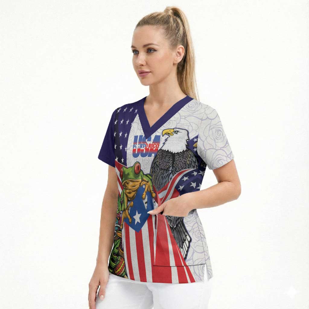 United States Puerto Rico Scrub Top USA Curve Flag With Coqui Drum - Wonder Print Shop