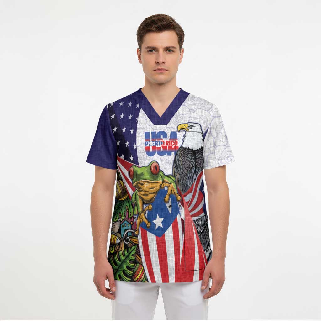 United States Puerto Rico Scrub Top USA Curve Flag With Coqui Drum - Wonder Print Shop