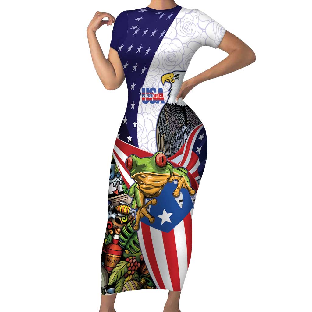 United States Puerto Rico Short Sleeve Bodycon Dress USA Curve Flag With Coqui Drum - Wonder Print Shop