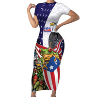 United States Puerto Rico Short Sleeve Bodycon Dress USA Curve Flag With Coqui Drum - Wonder Print Shop