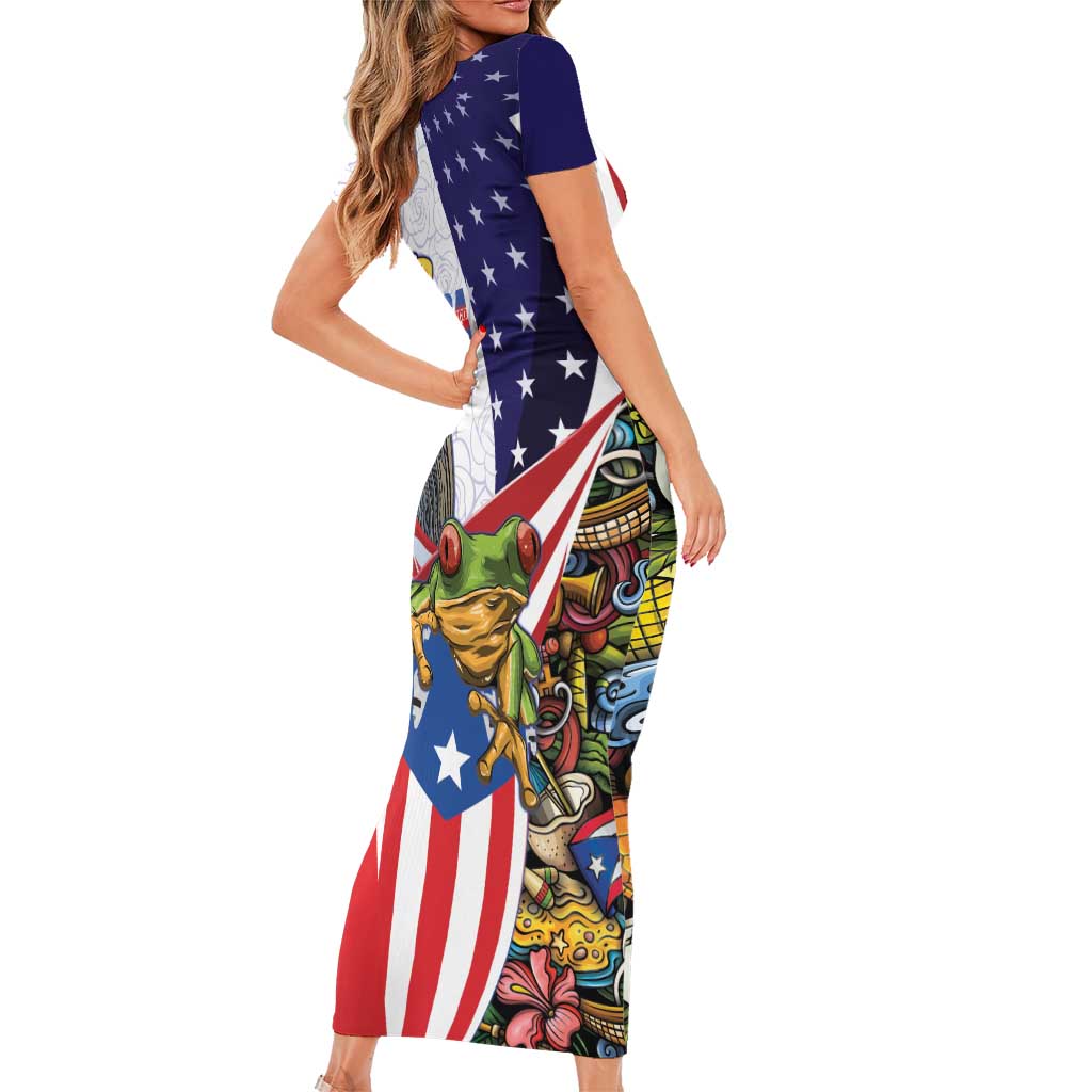 United States Puerto Rico Short Sleeve Bodycon Dress USA Curve Flag With Coqui Drum - Wonder Print Shop