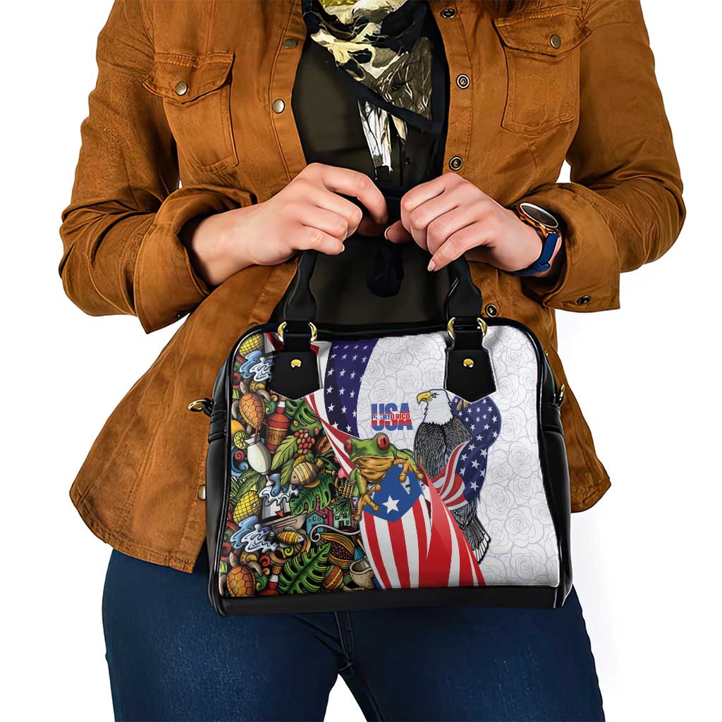 United States Puerto Rico Shoulder Handbag USA Curve Flag With Coqui Drum - Wonder Print Shop