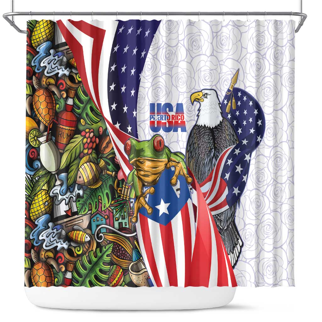 United States Puerto Rico Shower Curtain USA Curve Flag With Coqui Drum - Wonder Print Shop