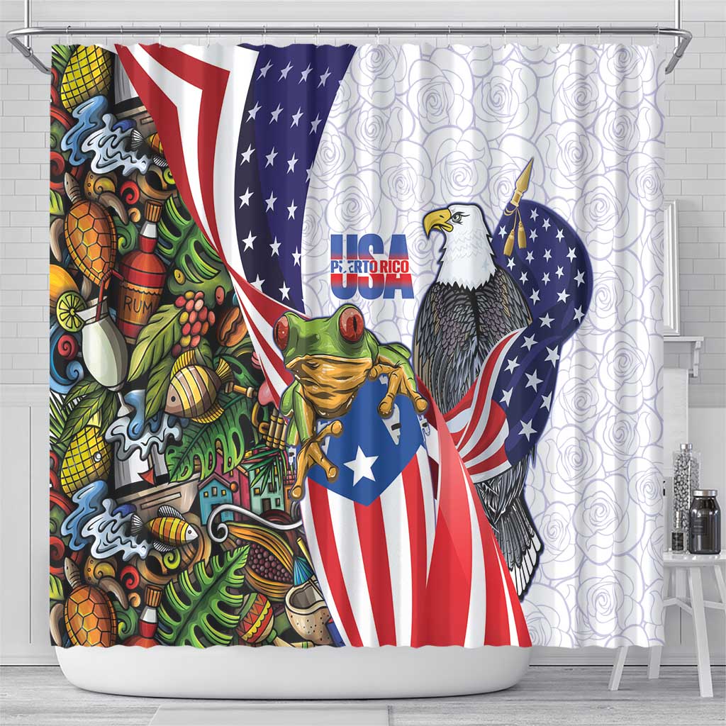 United States Puerto Rico Shower Curtain USA Curve Flag With Coqui Drum - Wonder Print Shop