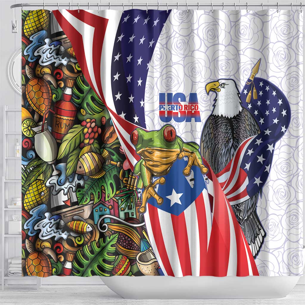 United States Puerto Rico Shower Curtain USA Curve Flag With Coqui Drum - Wonder Print Shop