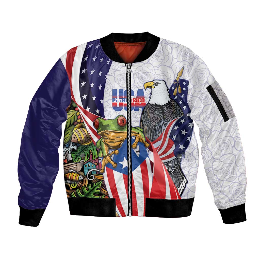 United States Puerto Rico Sleeve Zip Bomber Jacket USA Curve Flag With Coqui Drum - Wonder Print Shop