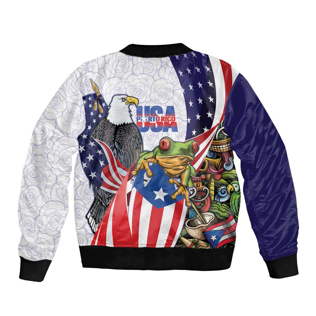 United States Puerto Rico Sleeve Zip Bomber Jacket USA Curve Flag With Coqui Drum - Wonder Print Shop