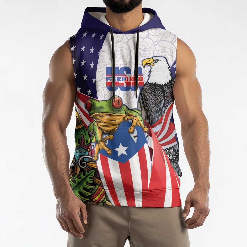United States Puerto Rico Sleeveless Hoodie USA Curve Flag With Coqui Drum - Wonder Print Shop