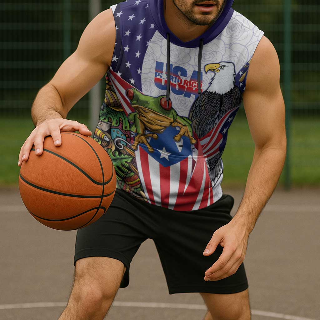 United States Puerto Rico Sleeveless Hoodie USA Curve Flag With Coqui Drum - Wonder Print Shop