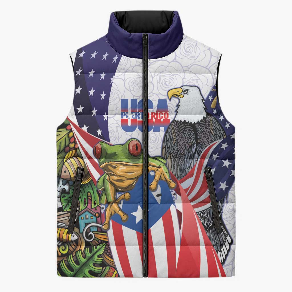 United States Puerto Rico Sleeveless Puffer Jacket USA Curve Flag With Coqui Drum - Wonder Print Shop