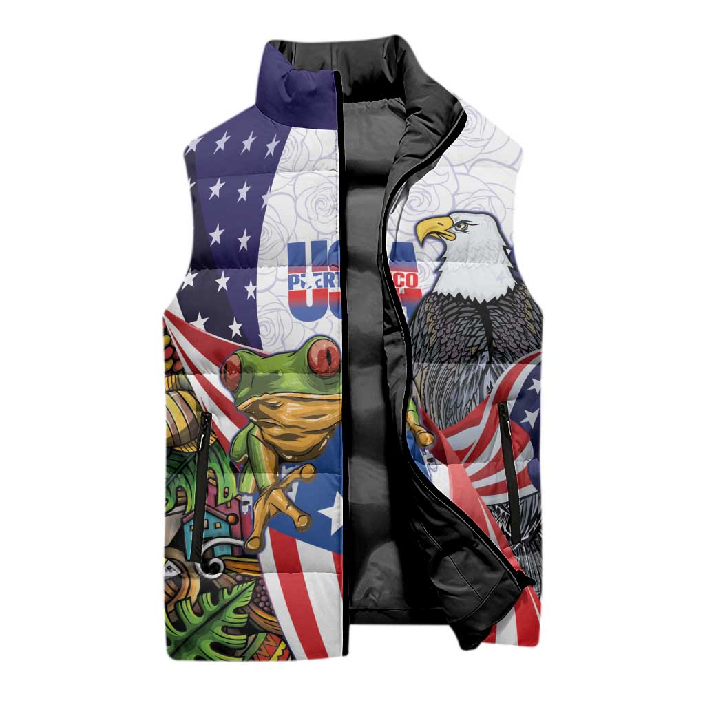 United States Puerto Rico Sleeveless Puffer Jacket USA Curve Flag With Coqui Drum - Wonder Print Shop