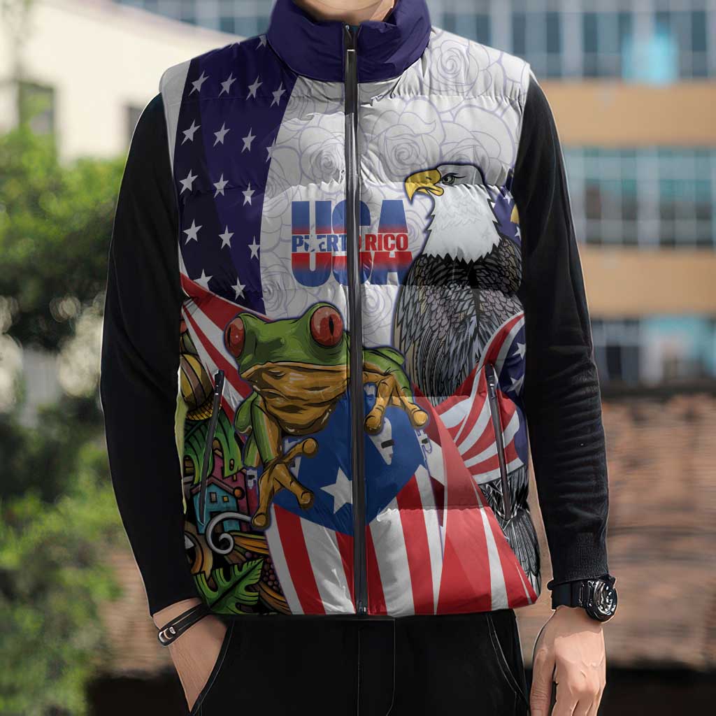 United States Puerto Rico Sleeveless Puffer Jacket USA Curve Flag With Coqui Drum - Wonder Print Shop