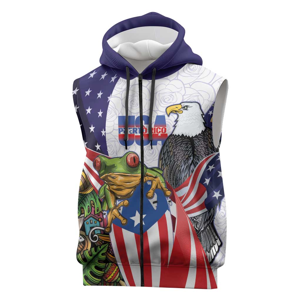 United States Puerto Rico Sleeveless Zip Hoodie USA Curve Flag With Coqui Drum - Wonder Print Shop