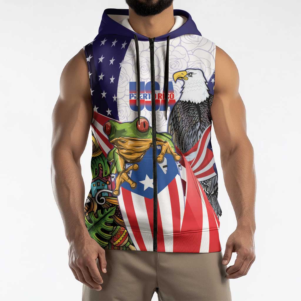 United States Puerto Rico Sleeveless Zip Hoodie USA Curve Flag With Coqui Drum - Wonder Print Shop