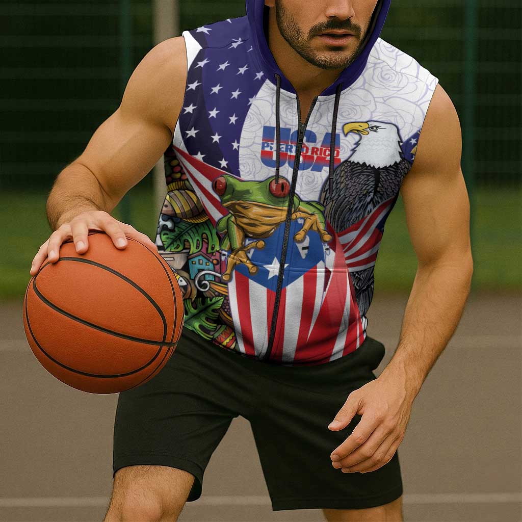 United States Puerto Rico Sleeveless Zip Hoodie USA Curve Flag With Coqui Drum - Wonder Print Shop