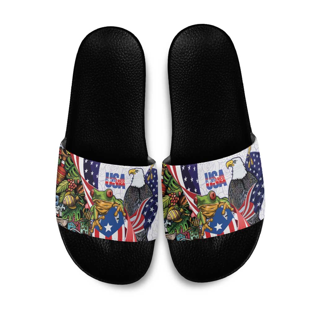 United States Puerto Rico Slide Sandals USA Curve Flag With Coqui Drum - Wonder Print Shop