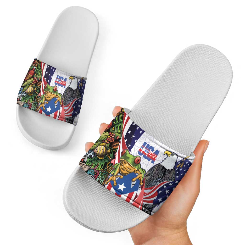United States Puerto Rico Slide Sandals USA Curve Flag With Coqui Drum - Wonder Print Shop