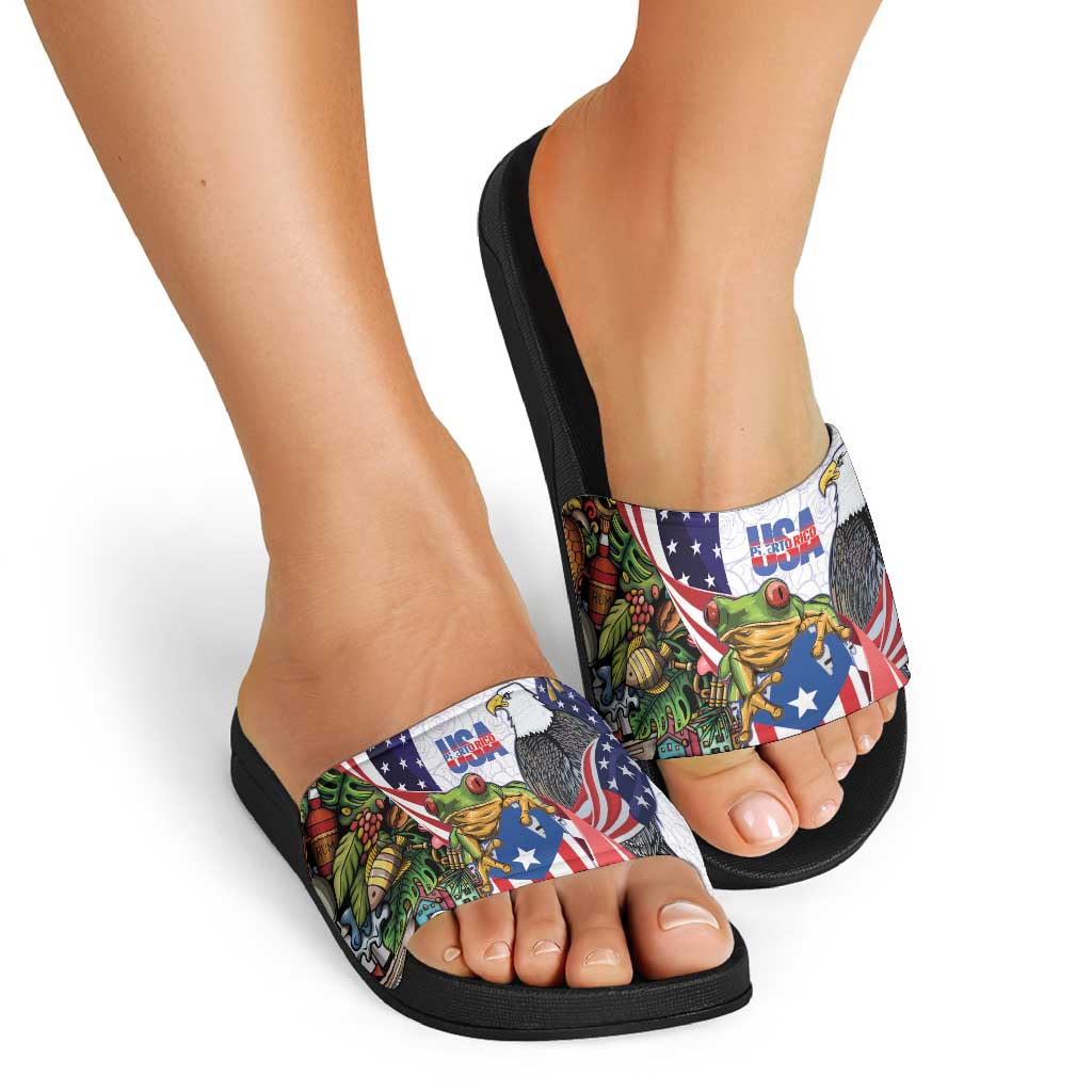 United States Puerto Rico Slide Sandals USA Curve Flag With Coqui Drum - Wonder Print Shop